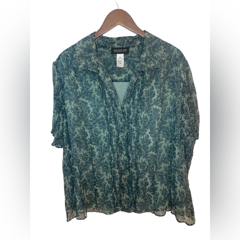 Jones New York 100% Silk Top Women’s 22W Green Floral Button Up Short Sleeve
